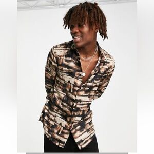 ASOS SATIN SHIRT XL BROWN ABSTRACT PRINT LONG SLEEVE BUTTON UP